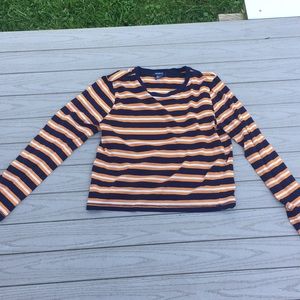 Orange, dark blue, and white striped shirt.